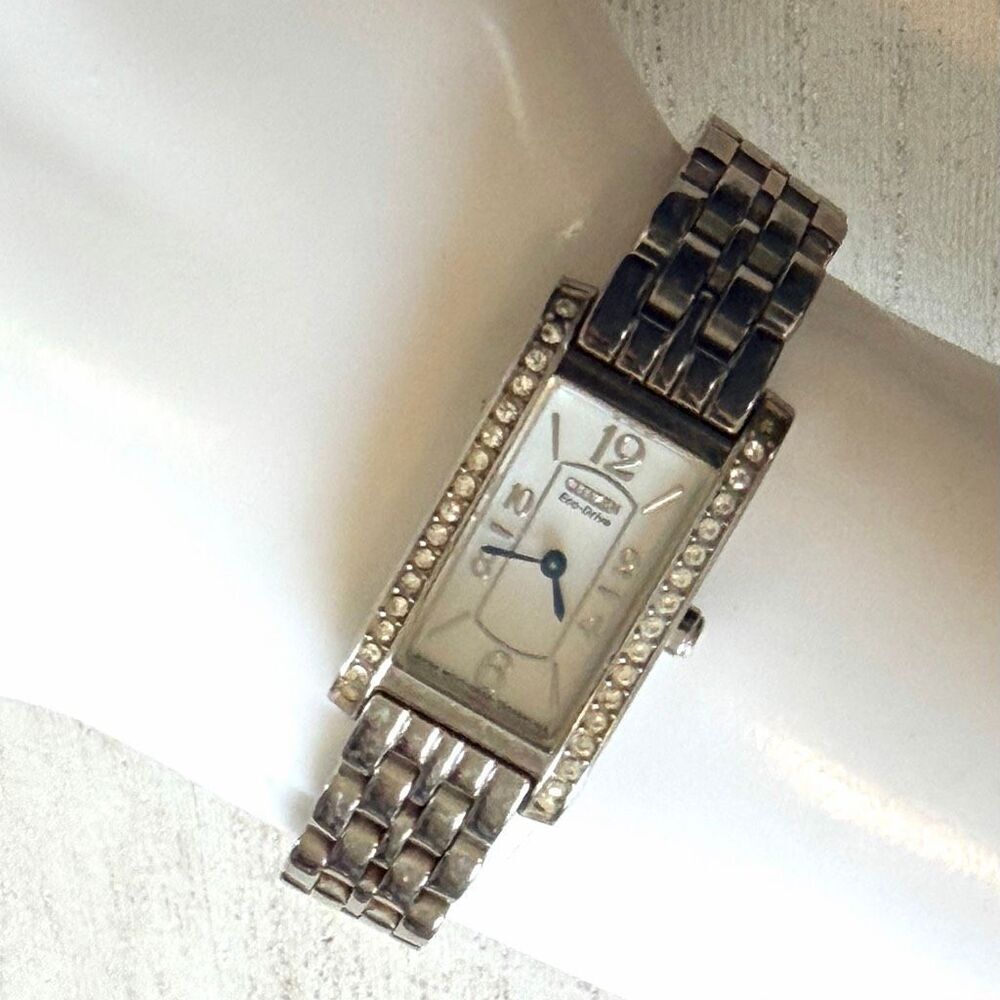 Citizen Eco-Drive Crystal Accent Rectangular Watch Silver Tone